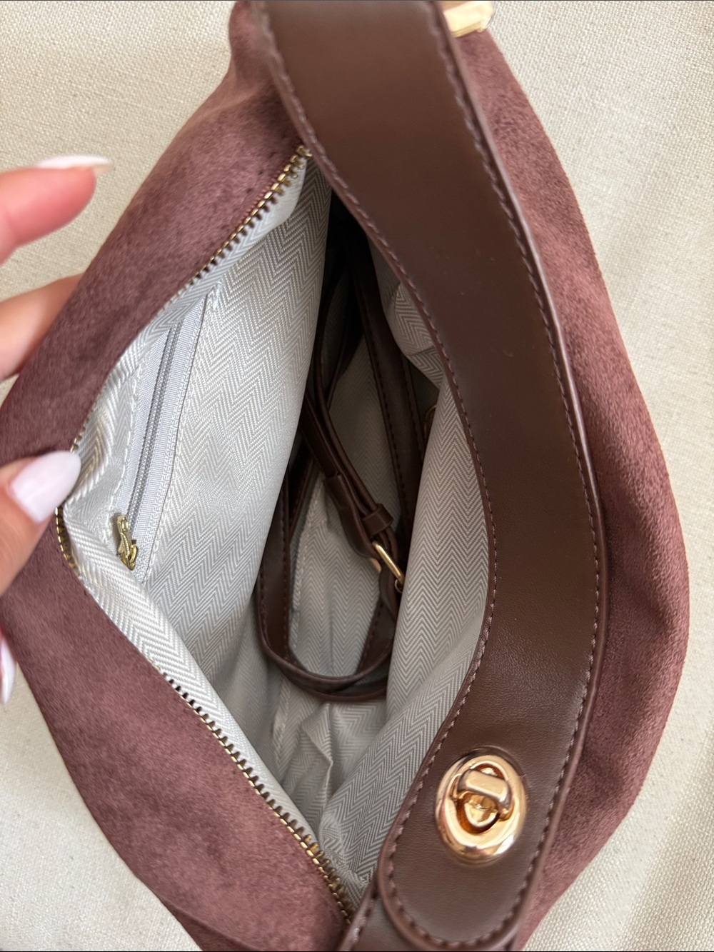 Women's Brown Faux Suede Hobo Bag - Classic Shoulder Style - Picture 11 of 12